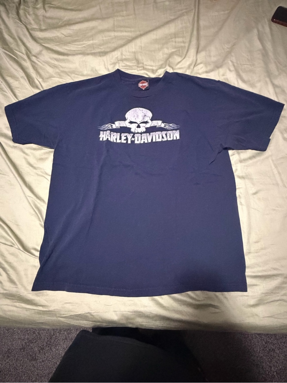 Harley-Davidson Navy Blue Skull Graphic Tee Hawkeye Coralville Iowa